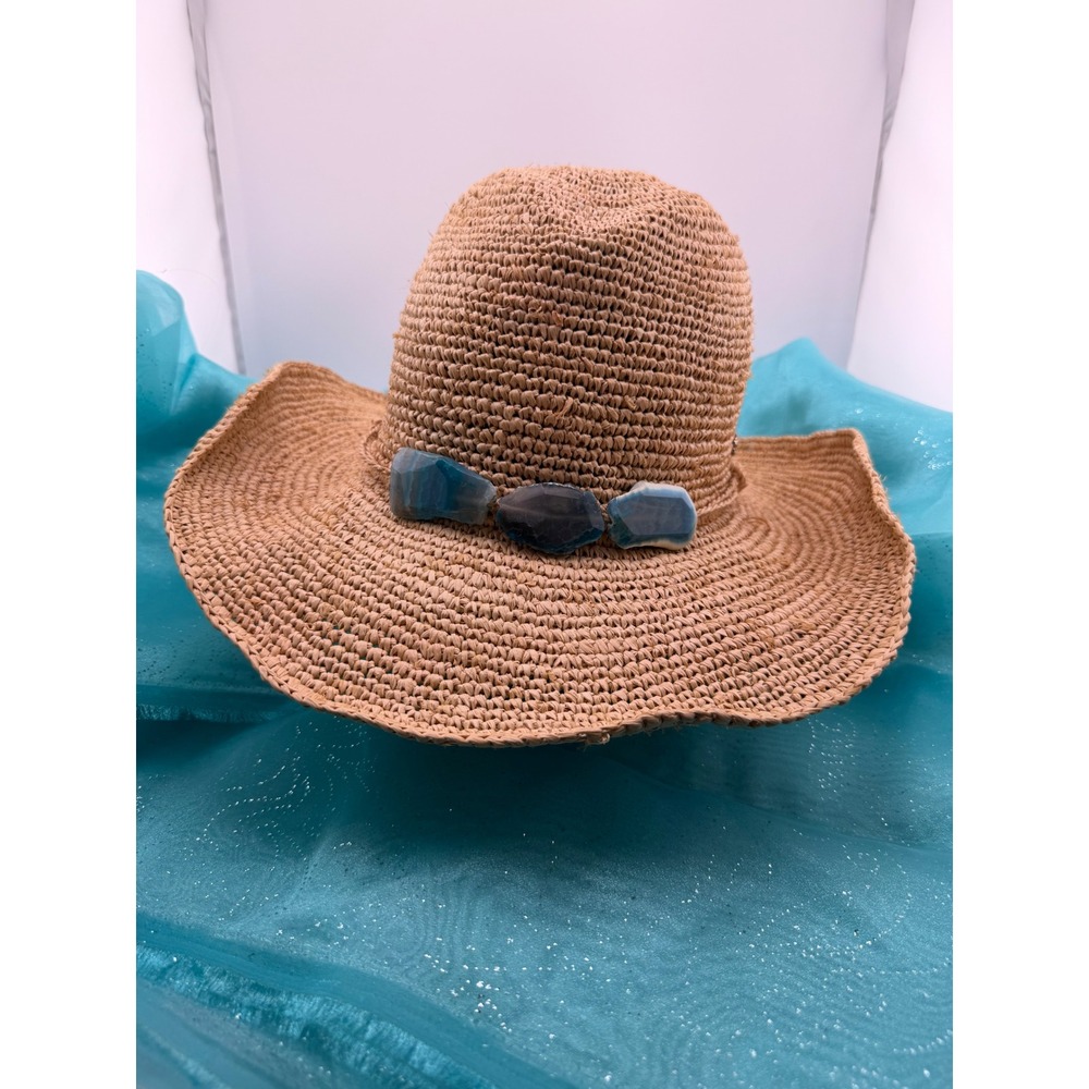 Flora Bella Raffia Sun Hat w/ Blue Agate Stone & Crocheted Straw Tan Wide Brim